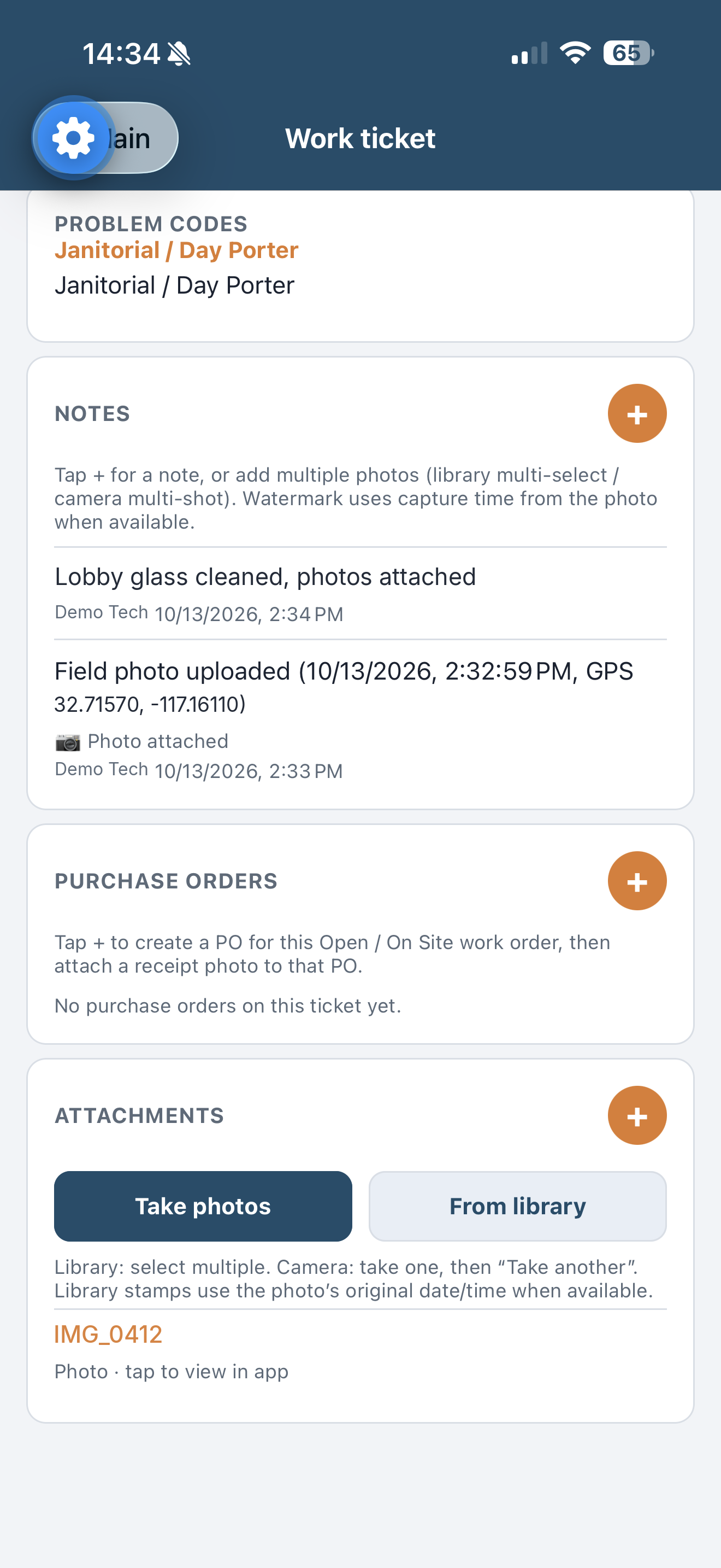 Work ticket note with a photo attached