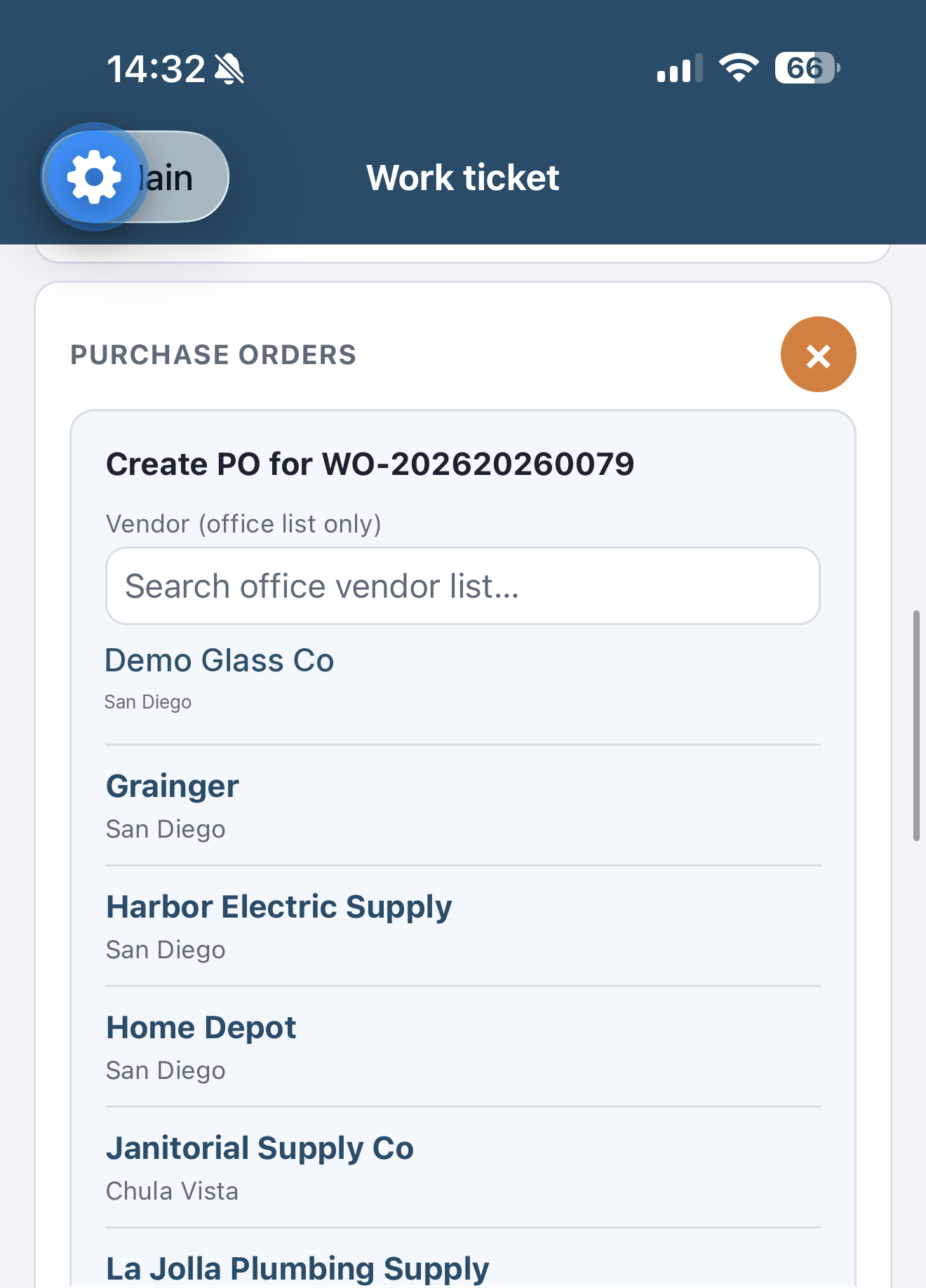 Vendor list for a field purchase order